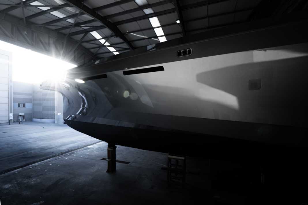 The 50 metres are still in the hall at Alia Yachts.