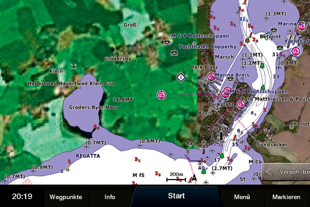 Satellite images require an enormous amount of storage space. This is why the resolution is often reduced away from harbours. Shown here using the example of Arnis/Schlei | Screenshot: Olaf Schmidt