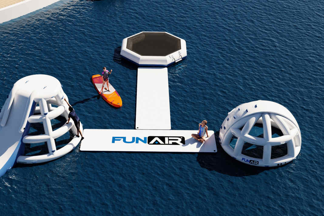 Sturdy mats connect the modules to form a water park.