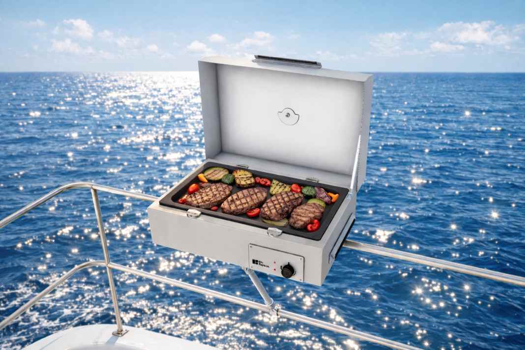 The barbecue mounted on the railing.