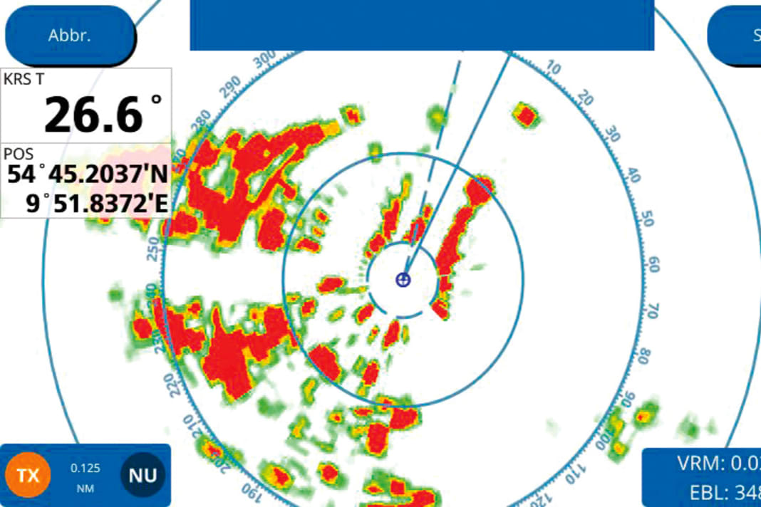 Furuno: Auf kurze Entfernung drücken starke Echos (Spundwand) die schwächeren weg (Steinmole und Pfahlreihen). Hier kommt das Pulsradar an seine Grenzen