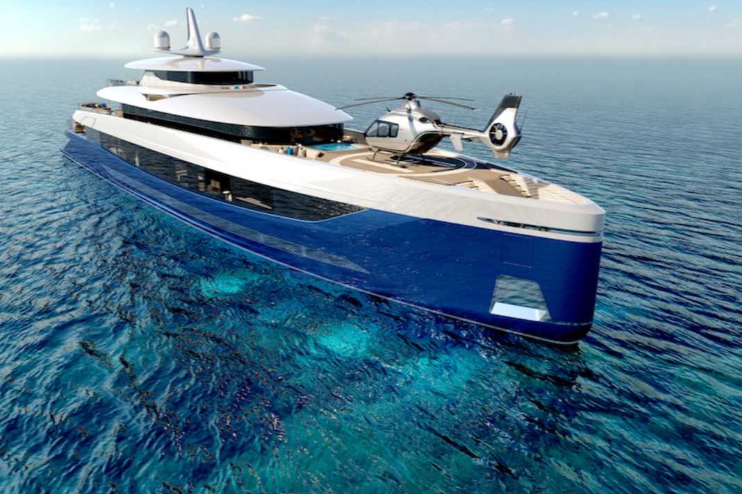 The helicopter lands on the large foredeck of the Livia 72.