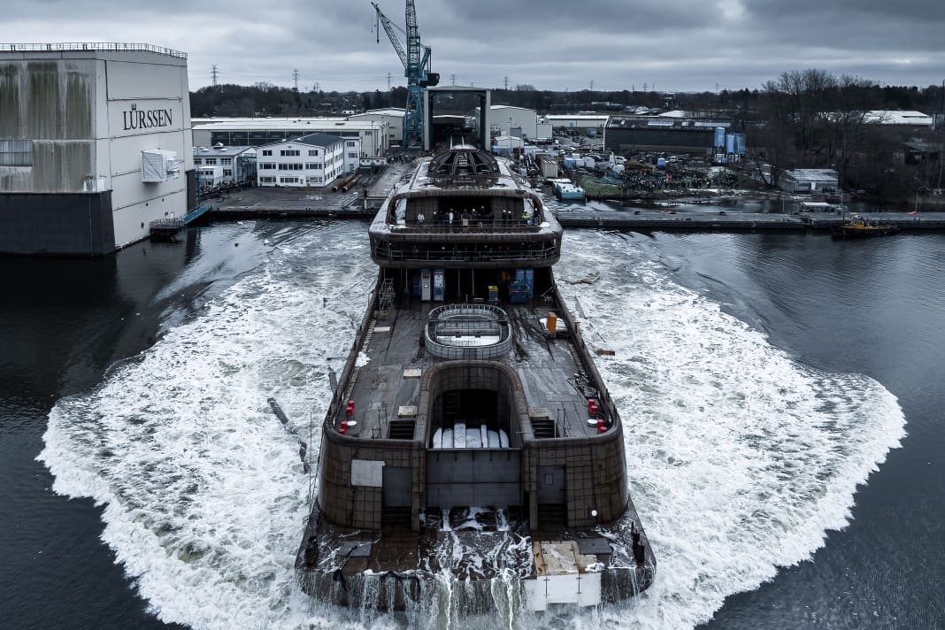 Big Splash: Lürssen-Kröger launched the 114-metre steel yacht in the classic way, using a jib.