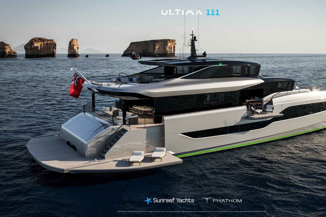 The profile of the Sunreef Ultima 111 is reminiscent of a sports car and the drive is hybrid.