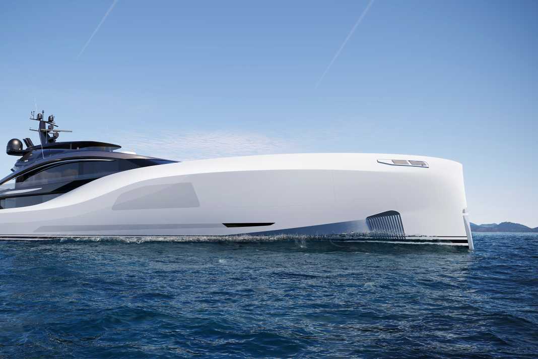 Skulptur: Eine markante Linie zieht sich in einem Schwung vom Bug bis zum Heck.