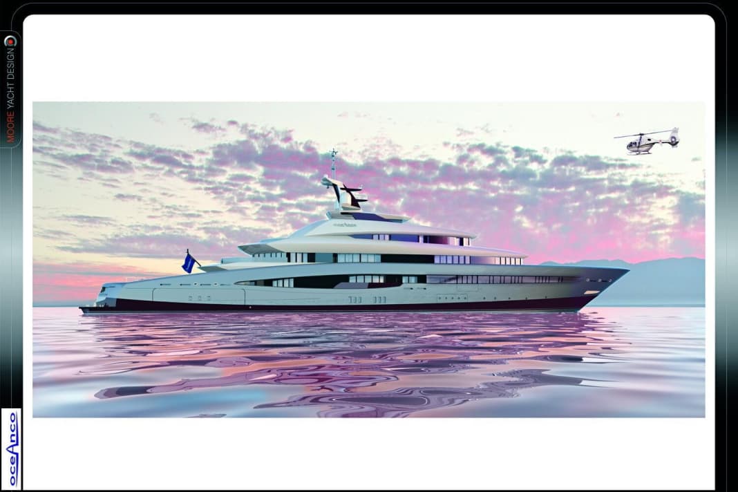Oceanco arbeitet mit vielen Yachtdesignern zusammen, um ihre erfolgreiche 80-m-Plus-Plattform weiter-zuentwickeln. Eines der jüngsten Konzepte der holländischen Werft, die in den letzten Jahren mit Formaten wie "Alfa Nero", "Vibrant Curiosity", "Anastasia" und "Seven Seas" für viel Aufsehen sorgte, ist ein 85,75 Meter langes Projekt aus den Rechnern des Büros Moore Yacht Design mit Sitz im englischen Bath.