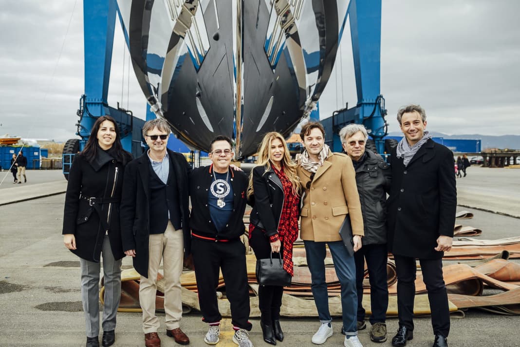 Concentrated pride: Owner JR Ridinger (centre) next to his wife Loren, to whose left Enrico Gobbi is delighted with the successful launch. On the far right of the picture is Rossinavi's COO Frederico Rossi.