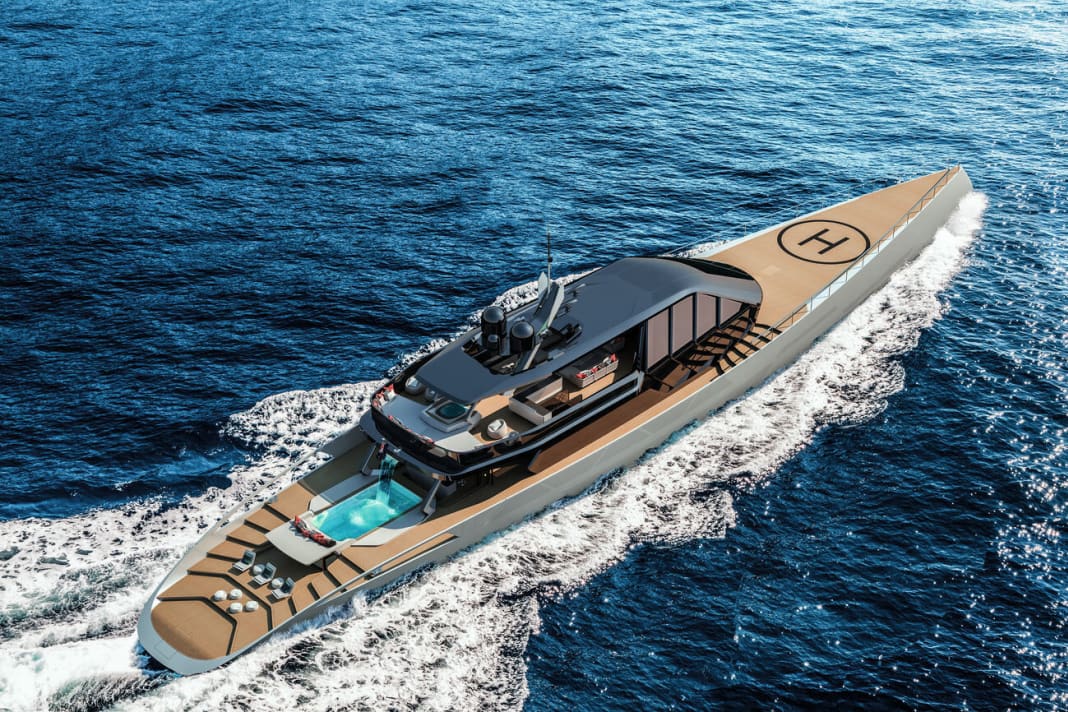 Mince : Dykstra Naval Architects a construit un voilier en aluminium sans mât, Red Yacht Design d'Istanbul a ajouté des structures en carbone et des surfaces extérieures de 475 mètres carrés.