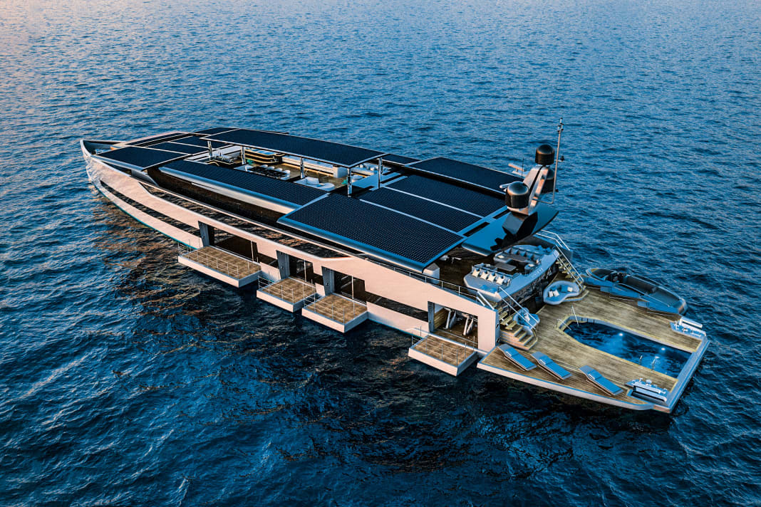 "VisionE": Auf dem 57 Meter langen Zweidecker residieren Gäste und Eigner auf dem Unterdeck, jeweils mit Balkon. Der Aufbau ist flach, der Rumpf effizient und von Segelyachten entlehnt. Solarpaneele und Topdeck werden nach dem „Transformer“-Prinzip freigelegt.