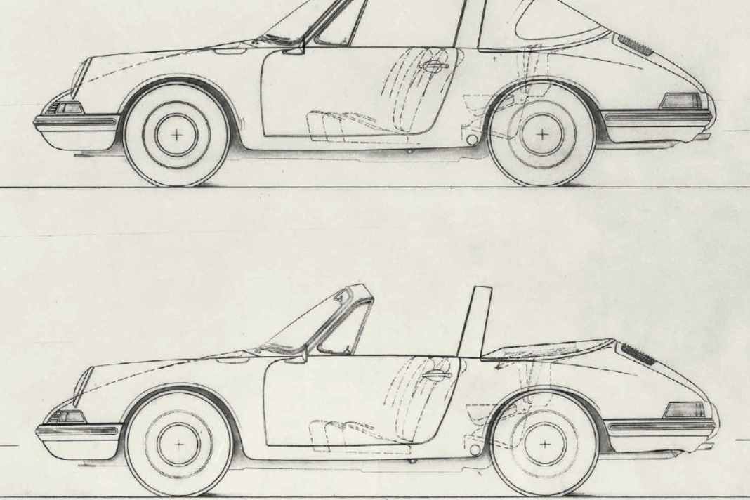 Porsche-Geniestreich: Diese Zeichnungen zeigen die verabschiedete Fließheckversion des künftigen 911 Targa.  Ikonisch: der bis heute genutzte »targa«-Schriftzug.