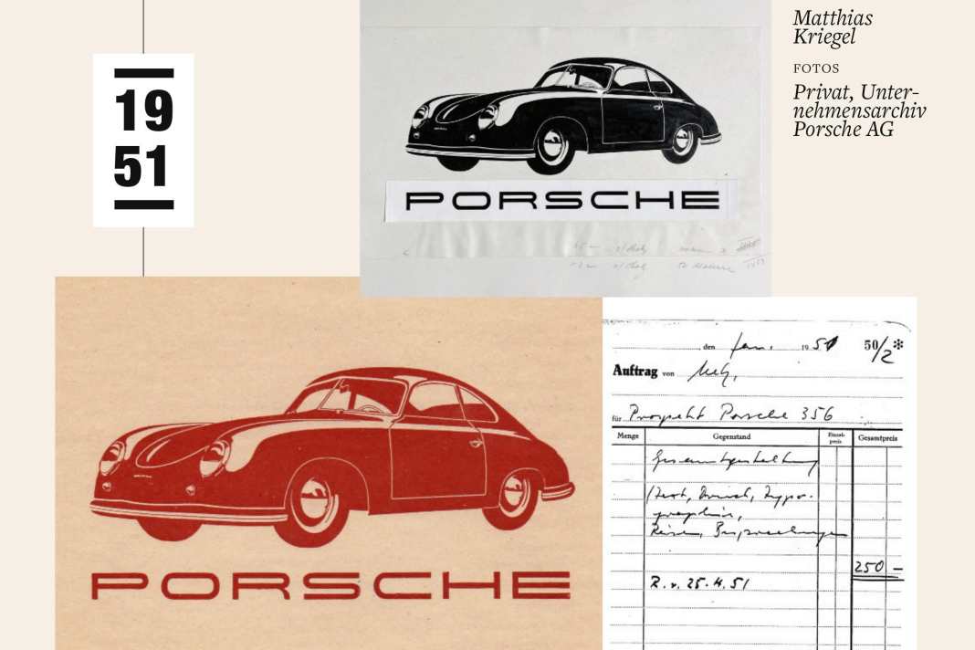 Herbert Austs Entwurf von 1951 (oben) für einen 356-Prospekt ist für seinen Sohn Joachim der Beweis: Sein Vater ist Urheber des heutigen Porsche-Schriftzugs | Privat, Unternehmensarchiv
Porsche AG