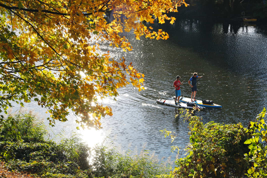 Sunny autumn days are particularly suitable for SUP tours on the Ruhr. There is practically no traffic on the river and the surrounding hills glow in the most magnificent colours, as here at the entry point on Lake Hengstey.