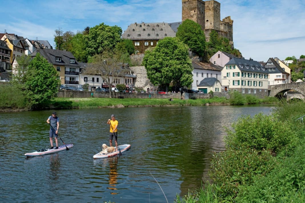 Tour auf der Lahn: Drei Freunde, ein Fluss und die Wiederkehr. Der dritte Mann (Fotograf) war an Land und der Hund durfte nur fürs Foto mit an Bord.