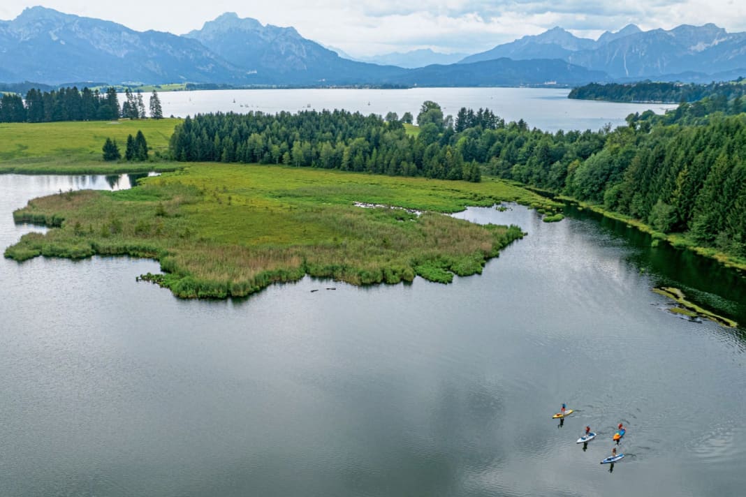 Forggensee (background) and Illasbergsee (foreground) are idyllically embedded in the Allgäu.