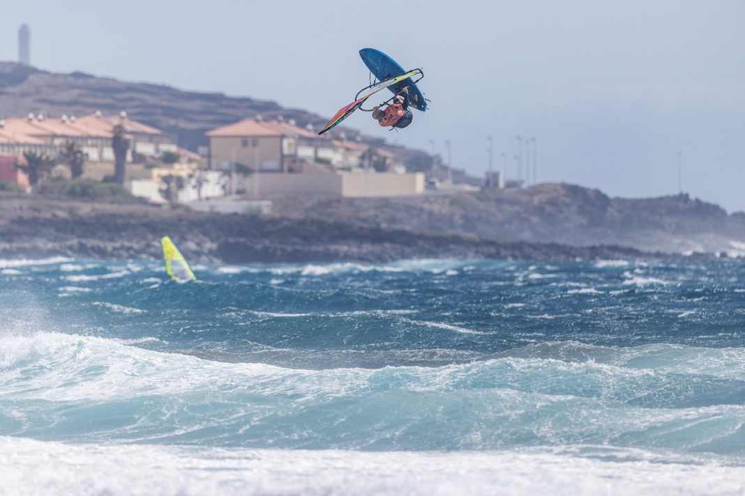 From the commentary box onto the water: Ben Proffitt launches himself into a backloop.