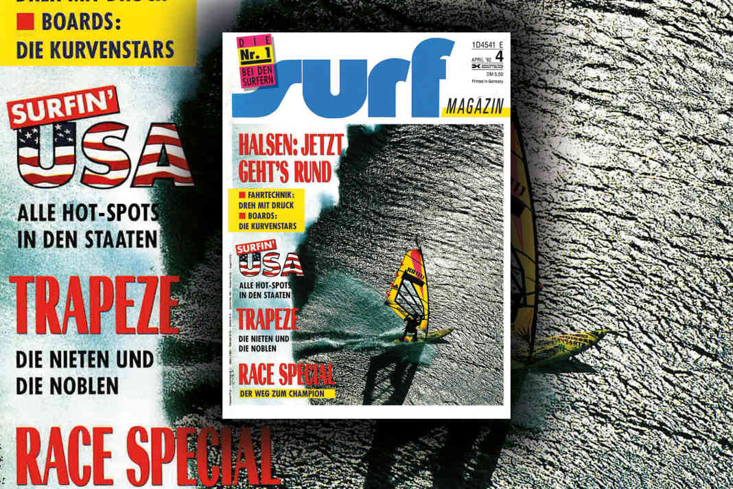 On the cover of *Surf* magazine in April 1992, Jason Polakow is seen escaping a Hookipa wave; the photograph was taken by Darrell Wong.