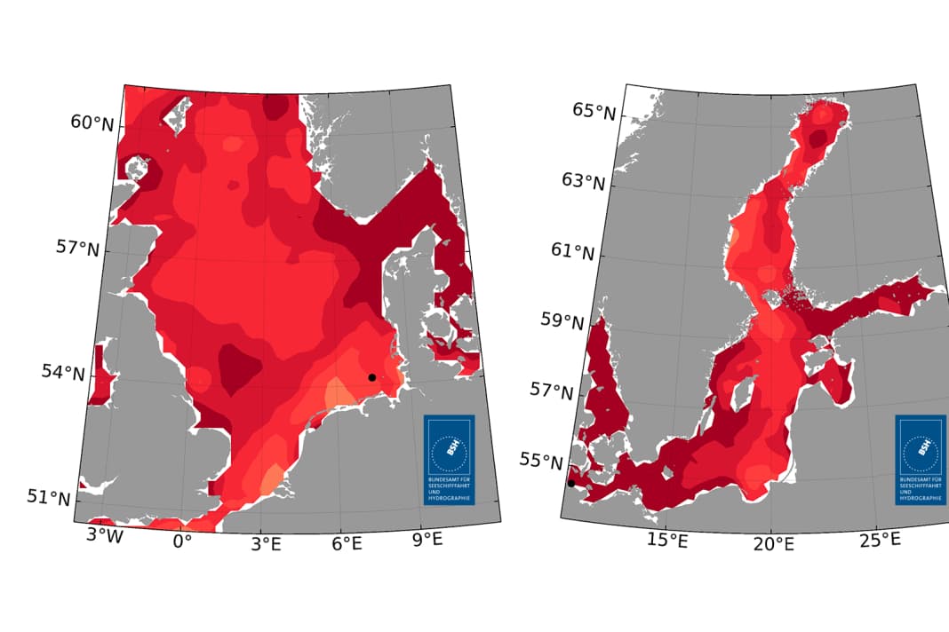 Temperaturabweichungen 2025 vom langjährigen Mittel - links die Nordsee, rechts die Ostsee