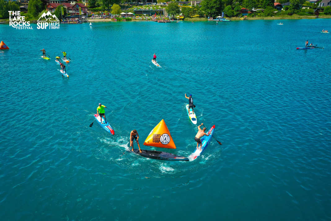 Snapshot of "The Lake Rocks" SUP festival on Lake Faak: Donato Freens paddles his way to the top of the Tech Race