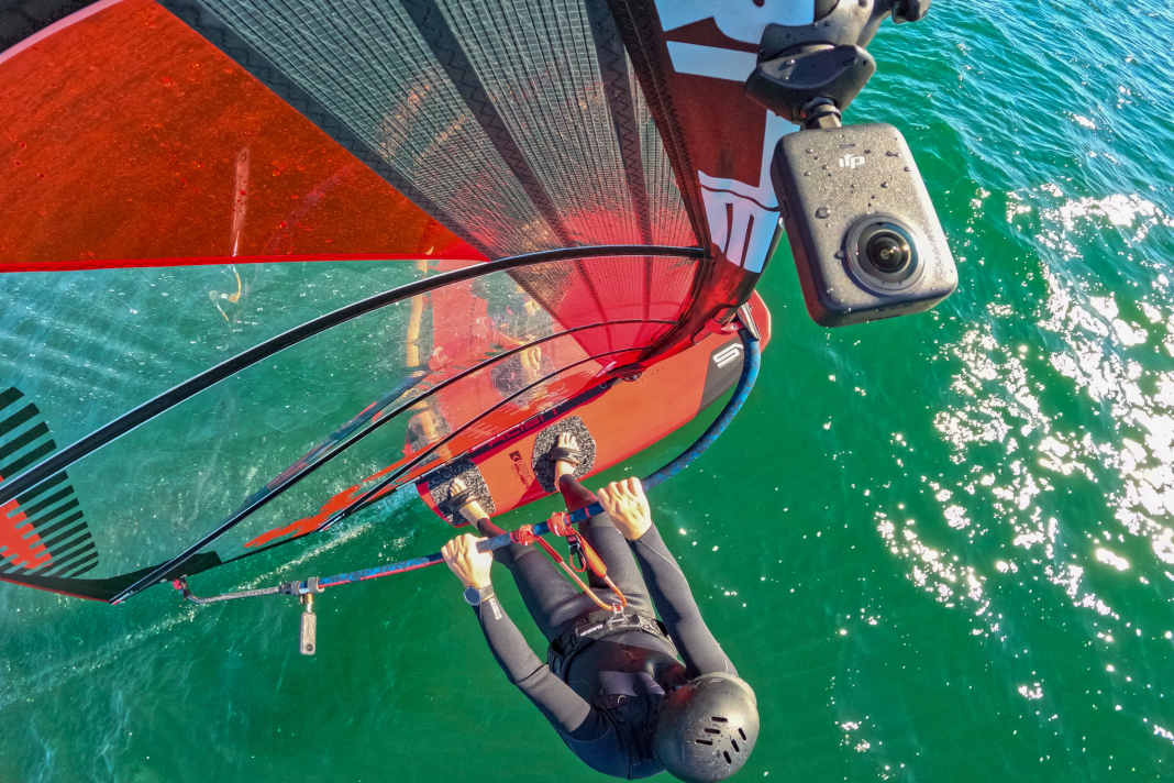 View from the GoPro Hero 13, with the DJI Osmo 360 mounted on the mast below and the Insta360 X5 filming at the back end.