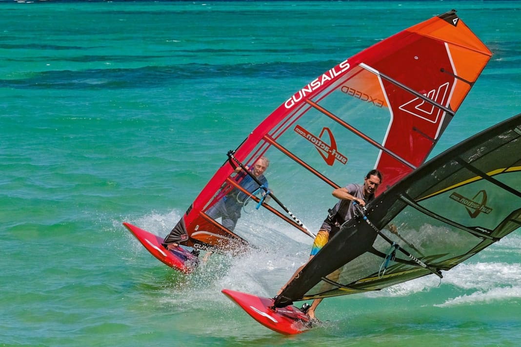 The wind at the Pigeon Point test spot was ideal for the type and size of sail, and we probably covered over 200 kilometres on the two Tabou Rocket+ 123s. The Gunsails on the left in red in the picture.
