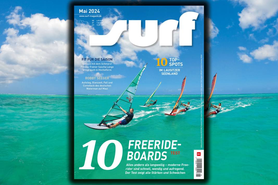 Auf dem Cover von surf 5/2024: Schaulaufen der Testkandidaten des großen Freeride-Testes auf Tobago