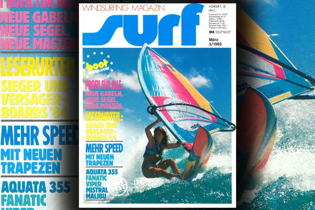On the surf cover in March 1985: "Steep wall rider Jill Boyer, captured by picture master Darrel Wong"