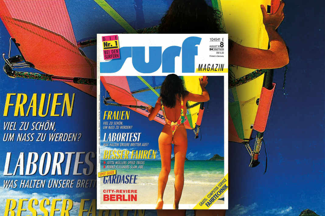 An "unknown beauty on the beach of Oahu" adorns the surf cover in August 1991, painstakingly photographed by Elan Sunstar