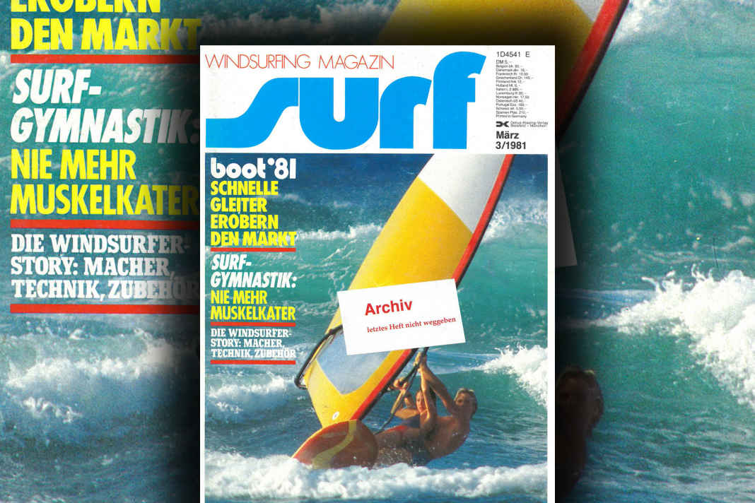 Robby Naish und seine Freundin Bitsy Kelly surfen auf dem Cover in trauter Zweisamkeit durch die Brandung, fotografiert von Michael Garff