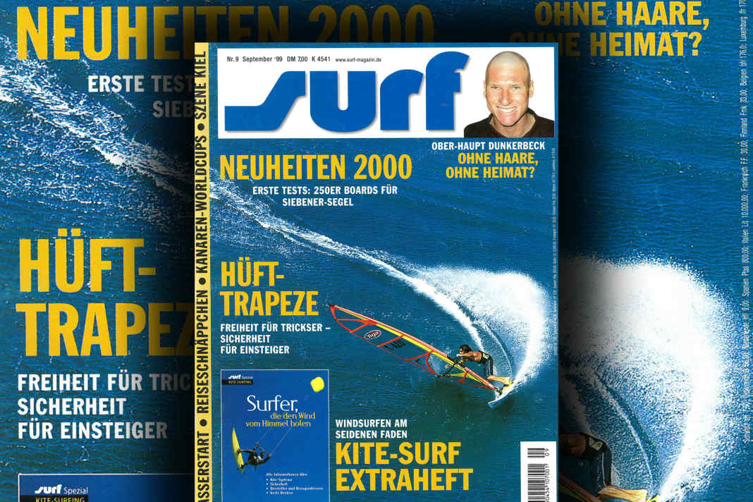 Jason Stone zeigt auf dem Cover von surf 9/1999 satten Spray im Bottom Turn, fotografiert von Jono Knight