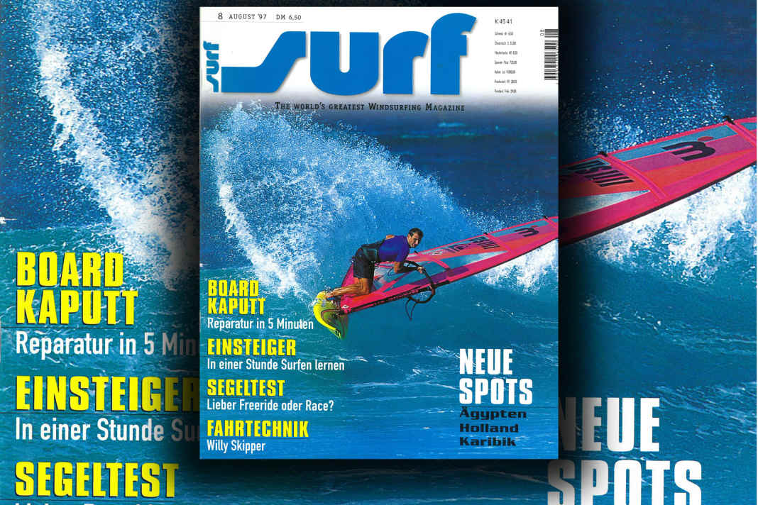 Robby Naish spreads stylish backside spray on the cover in August 1997, photographed by E.W. Hollenbeck.