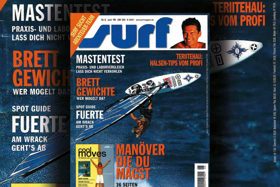 Jason Prior springt auf dem Cover von surf 6/1999 einen einhändigen Backloop, fotografiert von Jono Knight
