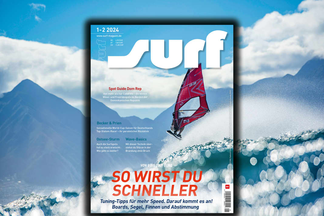 On the cover of the first 2024 issue of surf: Lina Erpenstein approaching Camp One