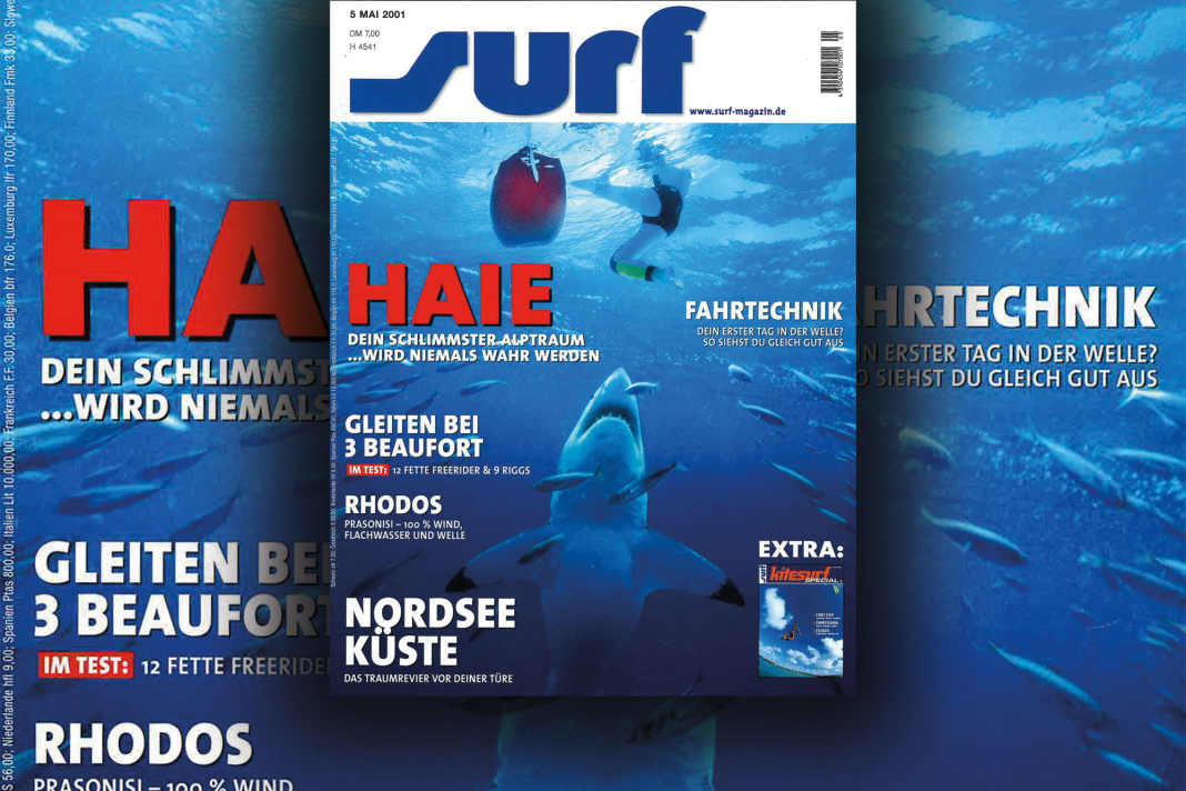 Der Hai, der auf den wasserstartenden Surfer lauert, ist natürlich nur eine Fotomontage von surf-Grafiker Rudi Kappler