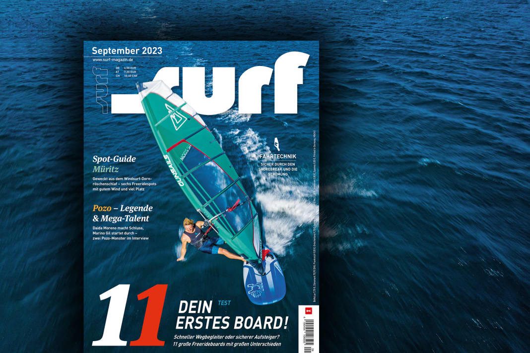Flo Jung enjoys a relaxed freeride session on the cover of surf 9/2023