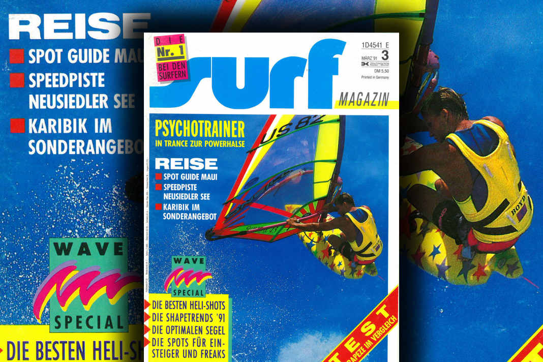 Ian Boyd hebt auf dem Titel von surf 3/1991 über Hookipa ab, fotografiert von Alex Williams