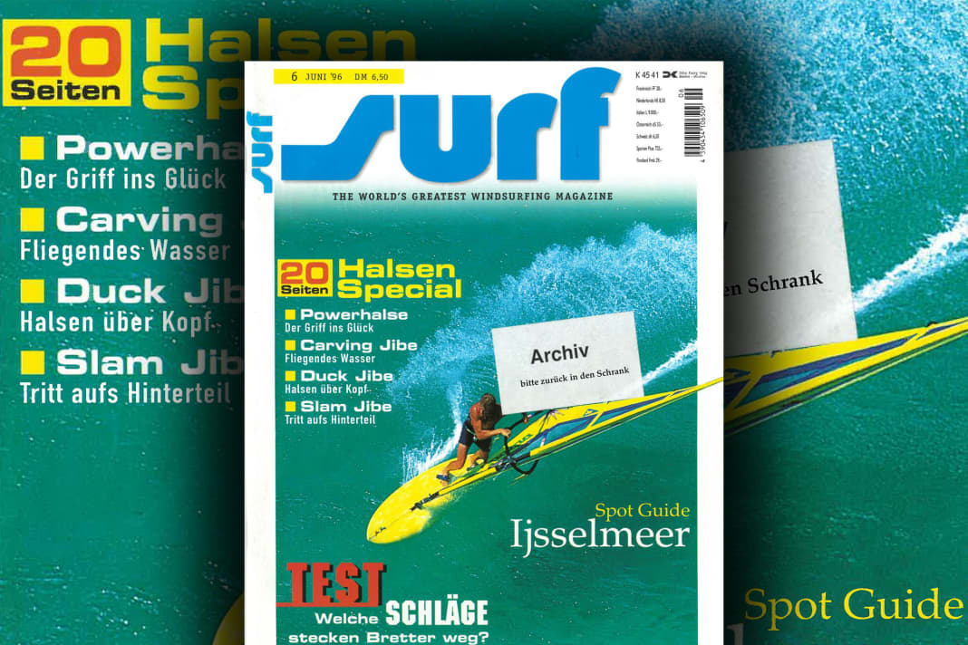 Scott Carvill setzt auf dem Cover von surf 6(1996 zur Race Jibe an - passend zum Halsen Special im Heft