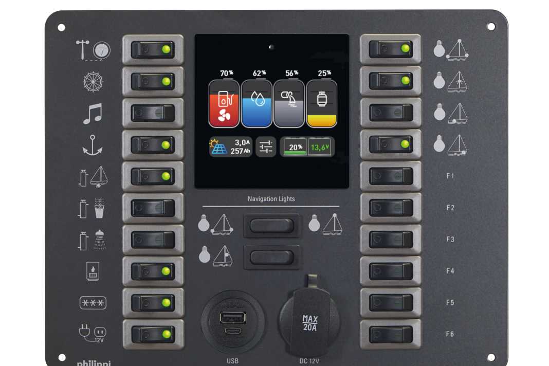 Das Refit-Panel 303 für Bavaria Yachten ab Baujahr 2015, es besitzt einen modernen Batteriemonitor, Tankanzeigen und ist mit robusten, einzeln tauschbaren Schaltern bestückt.
