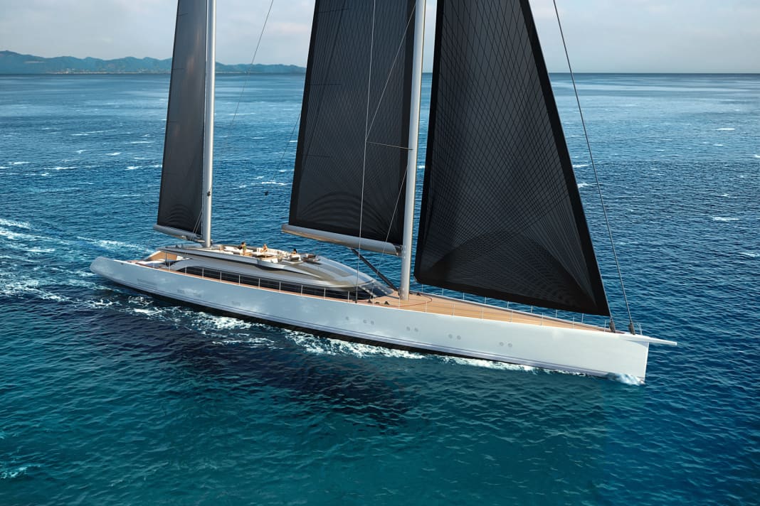 "Kaze": The hull of the 60-metre ketch is simple, the superstructure with sun deck flat. Two six-metre tenders parked in a side garage