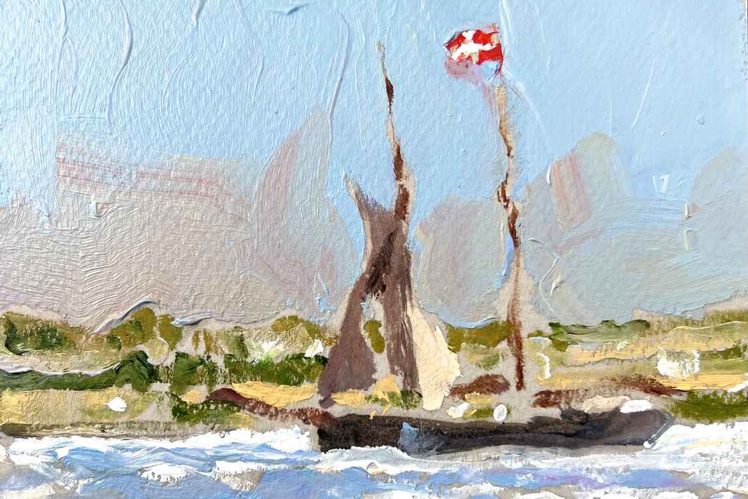 Hinnerk Bodendieck hat auf einem Törn durch die Dänische Südsee seine Eindrücke mit dem Pinsel festgehalten: Am Strand von Drejø geht der Blick nach Süden. Eine steife Brise treibt den großen Marstalschoner unter Fock und Schonersegel an, und zügig geht es zwischen den Inseln hindurch