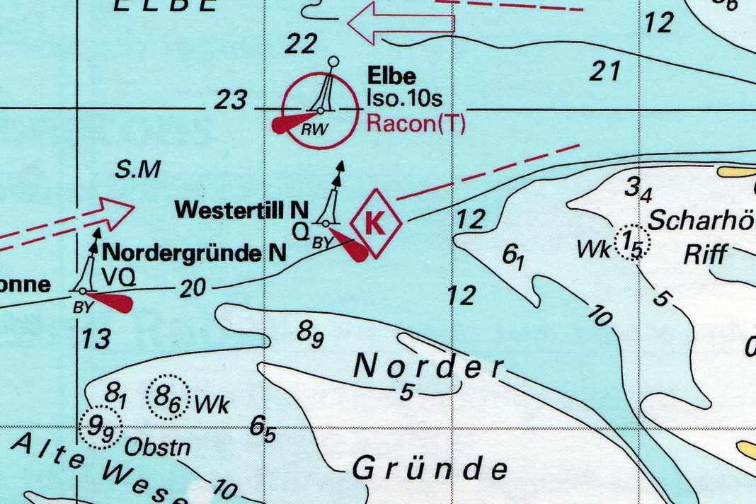 Stromraute su una carta nautica sportiva britannica IMRAY per la costa tedesca del Mare del Nord