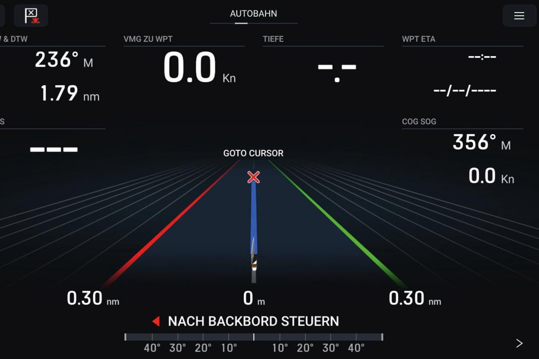 So-called highway display: When routing is active, the centre line marks the target course. The distance the yacht is off course is displayed graphically. The margins can be set individually