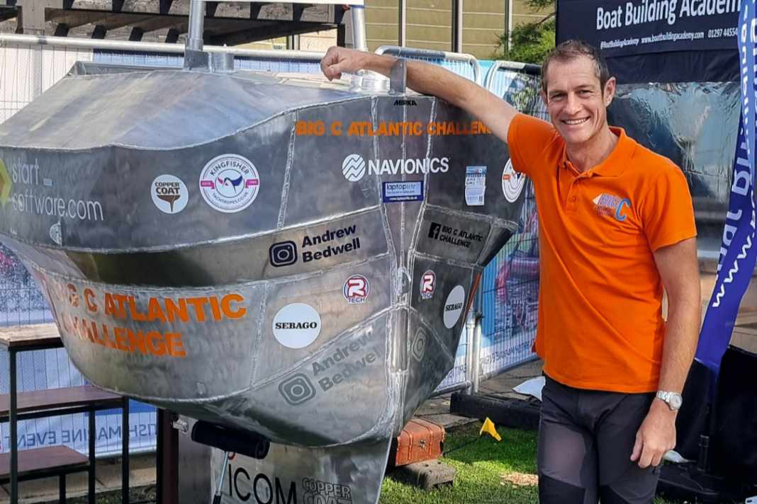 Bedwell and his aluminium "BIG CV2" looking for sponsors during the Southampton Boat Show. Highest bidders get a place above the waterline.