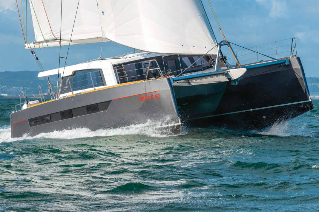 Garcia Explocat 52: Extremely robust offshore catamaran from Garcia Yachts with a sporty sail plan and high performance potential, built from aluminium. Optionally available with a raised side steering position or double wheel steering. Length 16.95 m; width 8.20 m; weight 18.6 tonnes; from 2.19 million euros.
