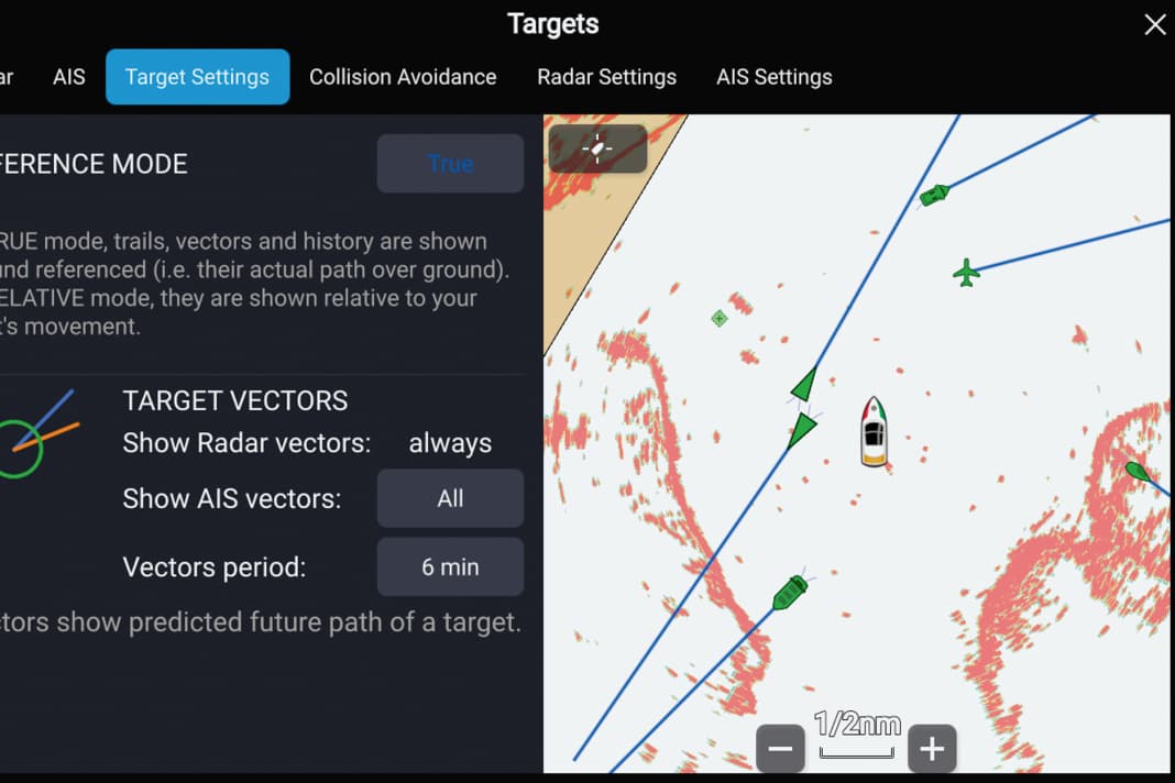 Beispielhaft hier die Konfiguration des angezeigten Kursvektors von AIS-Zielen auf einem Axiom-Display. Dabei wurde eine zeit­liche Projektion von sechs Minuten eingestellt.