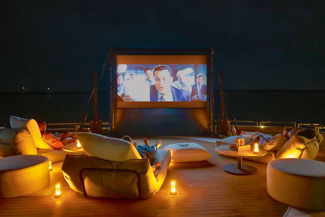 A cinema on the helideck with an inflatable structure.