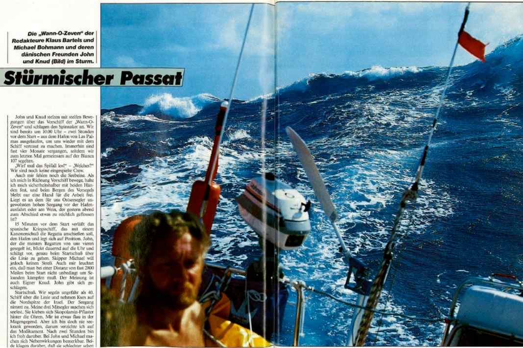 YACHT-Bericht von 1987: "Am Mittag des sechsten Tages ziehen schwarze Wolken auf. Der Spi wird geborgen. Und dann ist er da, der Wind. Zunächst noch drei, jetzt acht Beaufort."