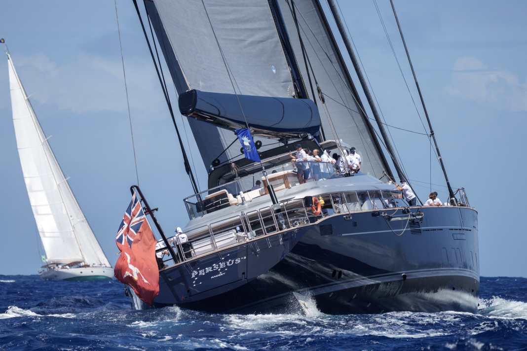 This year, 33 superyachts took to the starting line of the regatta off Gustavia. The 60-metre sloop "Perseus 3" sailed on spacious courses with a total of 4131 square metres of cloth and offered a sailing show of the finest quality off Gustavia.