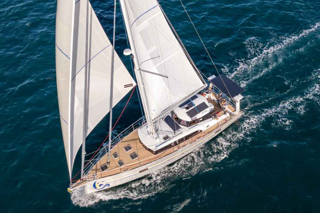 Code Zero, genoa and stay jib usually remain furled and are available at all times. Photo: Alubat / Nicolas Michon