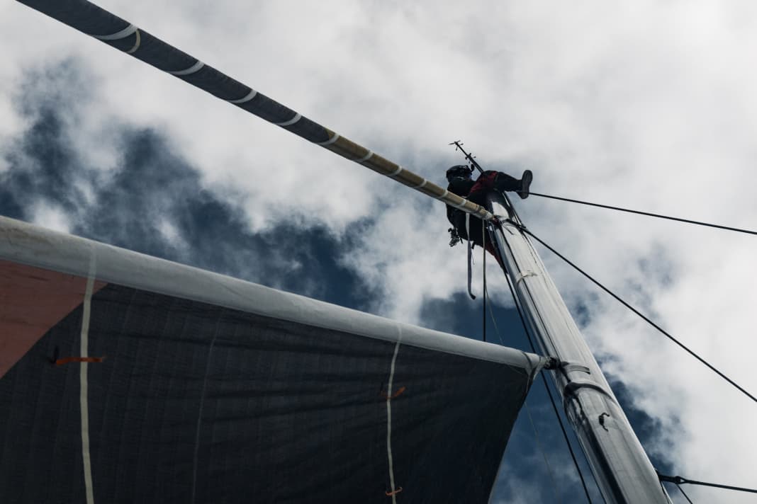 Will Harris on 2 March 2023: almost at the top of the 28-metre-long mast of the "Malizia - Seaexplorer"