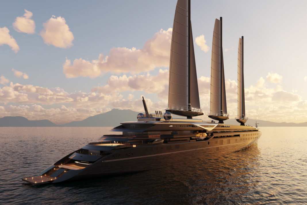 The "Orient Express Corintian" off the coast of Portroferraio in a computer graphic.